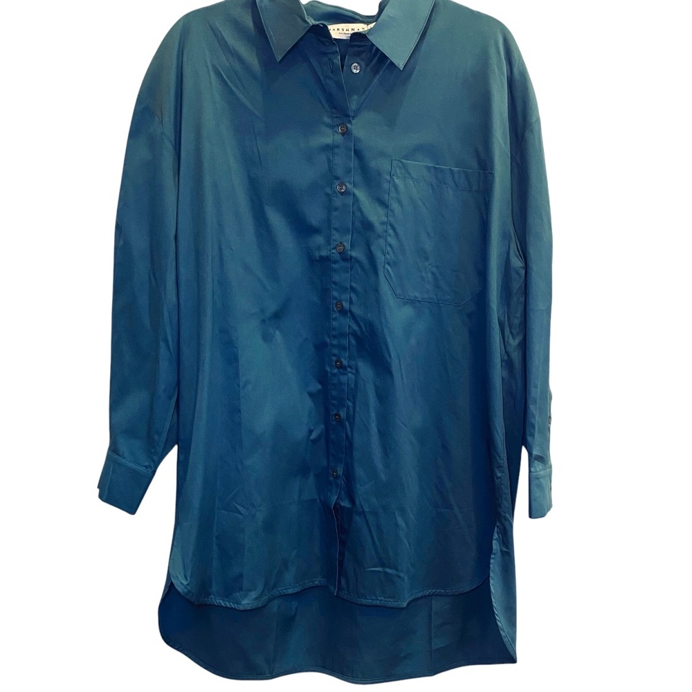 Harshmann Women’s Vivant Cotton Button-Up Tunic Shirt Teal Blue sz L